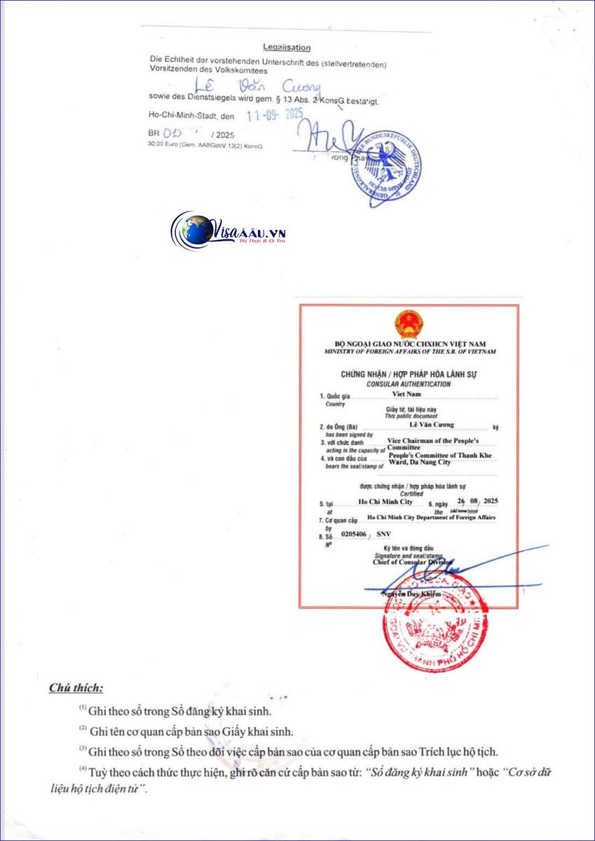 Văn bản hợp pháp hóa lãnh sự đúng yêu cầu gồm dấu chứng nhận của Bộ ngoại giao và cơ quan đại diện nước ngoài