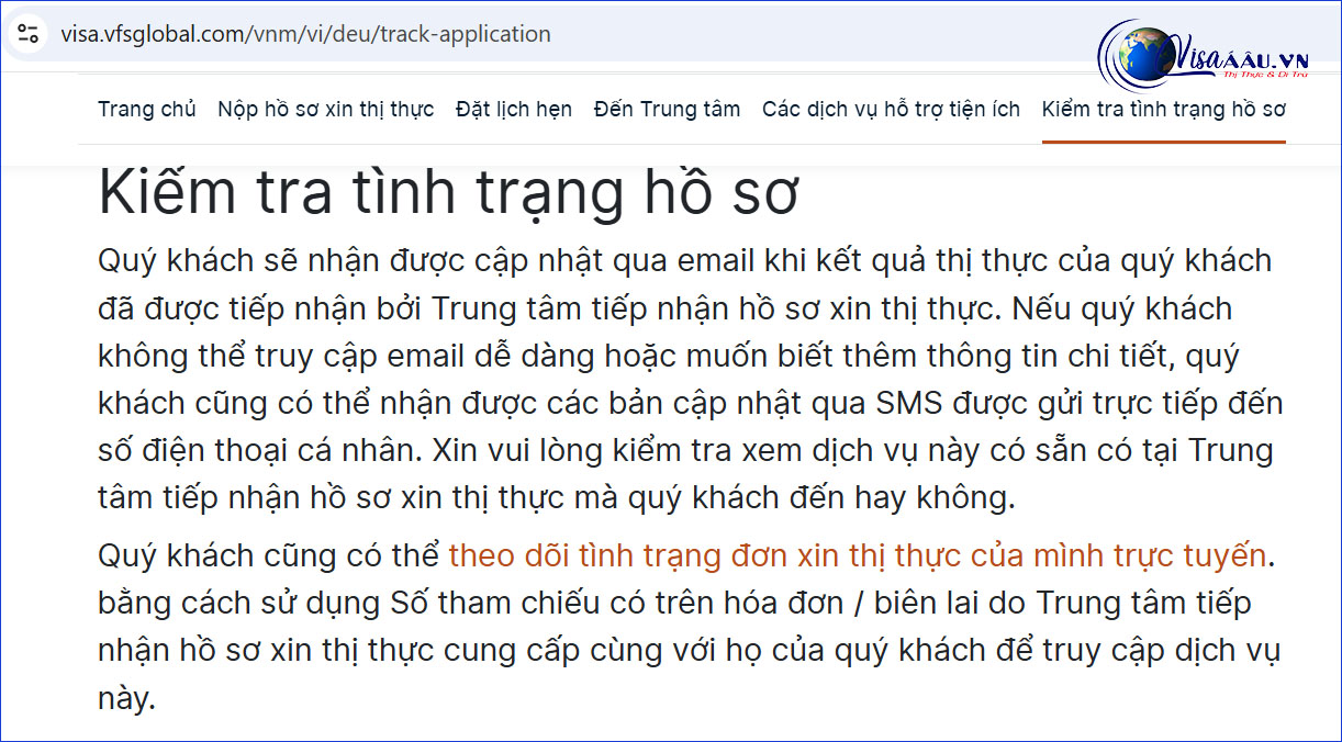 ​Chọn “theo dõi tình trạng đơn xin thị thực của mình trực tuyến” để tiếp tục về đơn xin visa Đức của bạn